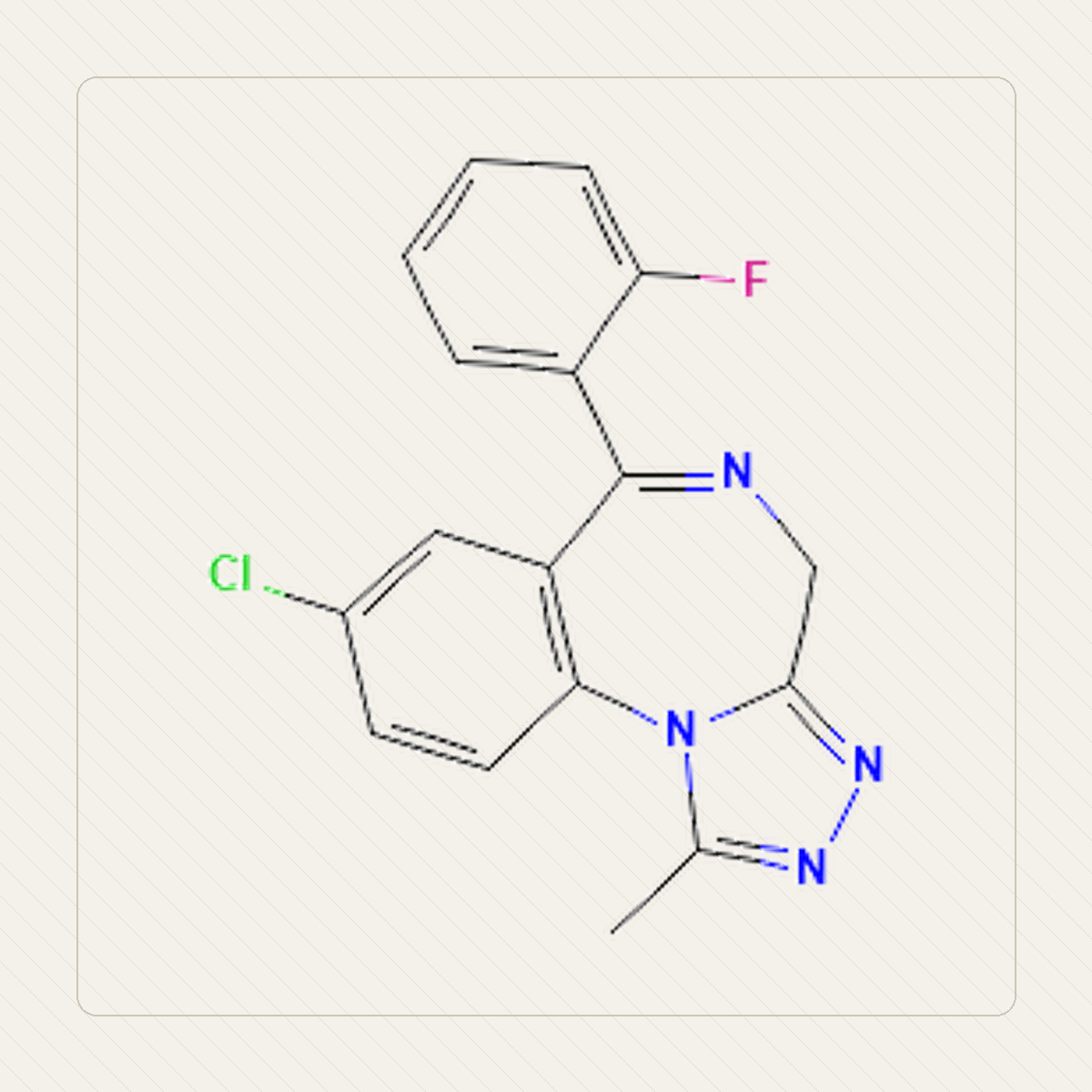 Flualprazolam, illustration pédagogique de la structure moléculaire
